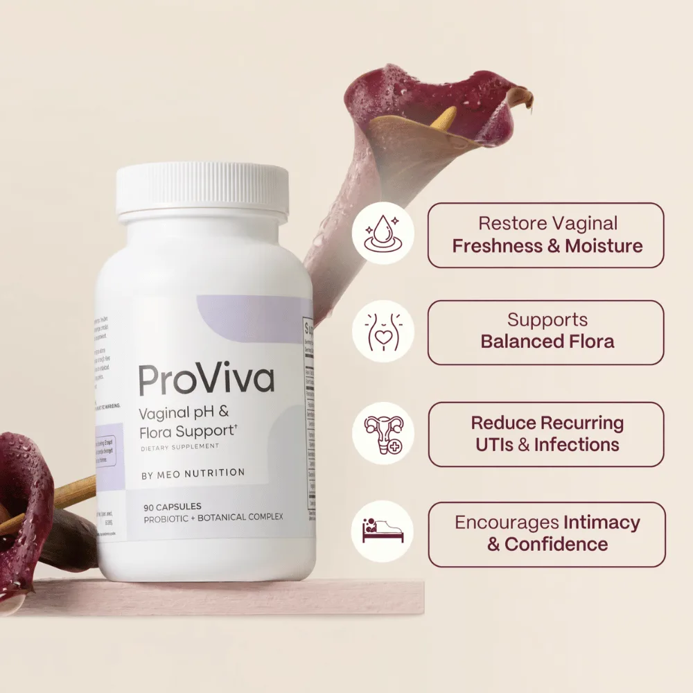 Supplement bottle with benefits listed: freshness, balanced flora, reduce infections, encourage confidence.